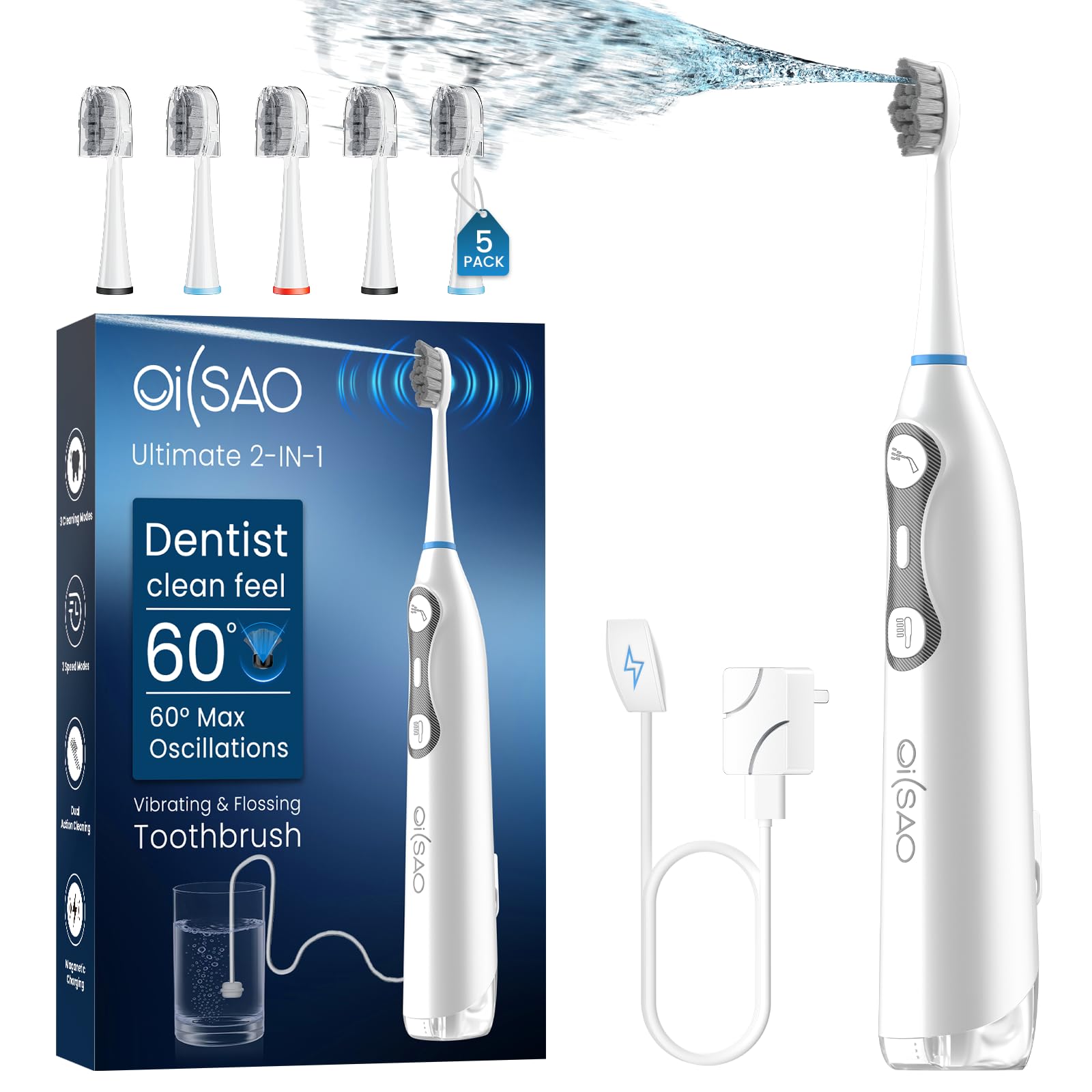 Photo 1 of Electric Toothbrush with Water Flosser for Adults, 3-in-1 Sonic Brush & Floss Combo, Cordless Oral Irrigator with 5 Brush Heads, 3 Modes, 30-Day Battery, Travel Toothbrush for Braces, Sensitive Gums