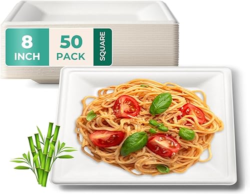 Fit Meal Prep Paquete de 50 platos de papel compostables, platos cuadrados biodegradables de 8 pulgadas, platos de postre desechables de alta