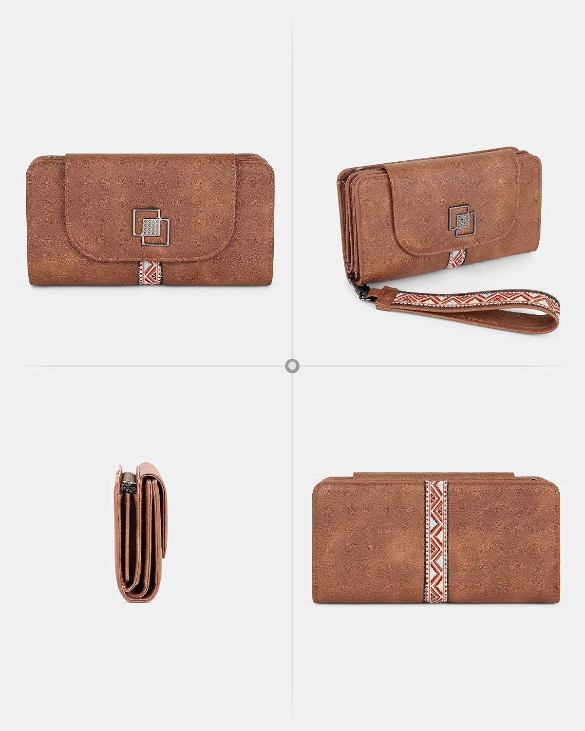 FADEON Leather Wallets for Women, Designer Large RFID Blocking Trifold Wristlet Purse with Credit Card Holder Organizer Brown