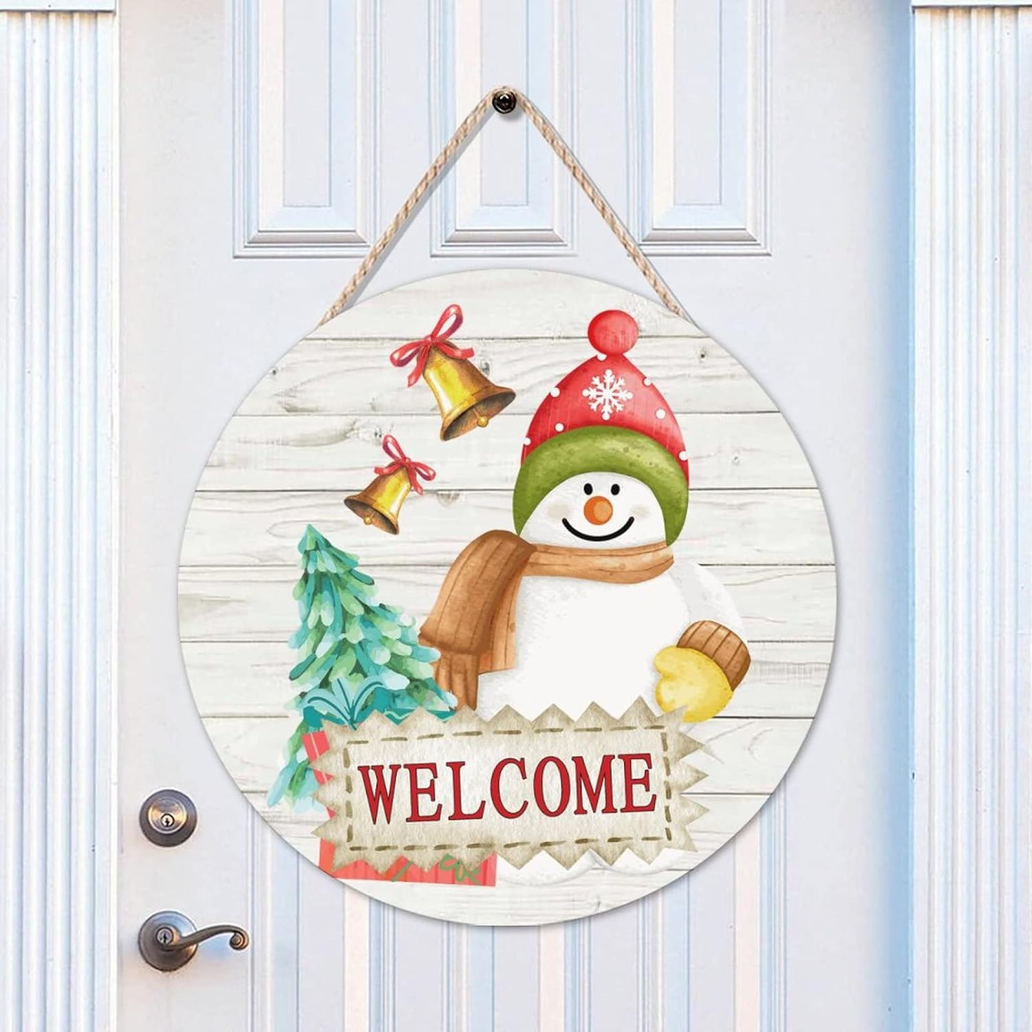 Christmas Round Welcome Door Hanger Sign, Christmas Snowman Welcome Wood Door Sign, Winter 16x16in Welcome Wall Hanging Sign Plaque for Front Door Farmhouse Porch Housewarming Gifts