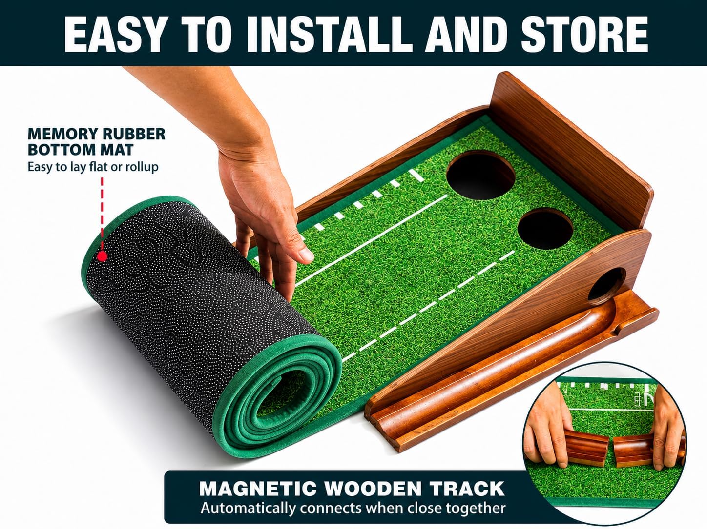 Putting Green Indoor, 9.8 FT Golf Mat Automatic Ball Return | two Practice Holes, Wrinkle-Free Velvet Surface and Solid Wood Base for Home, Office, Golf Gifts for Men, Dark Green