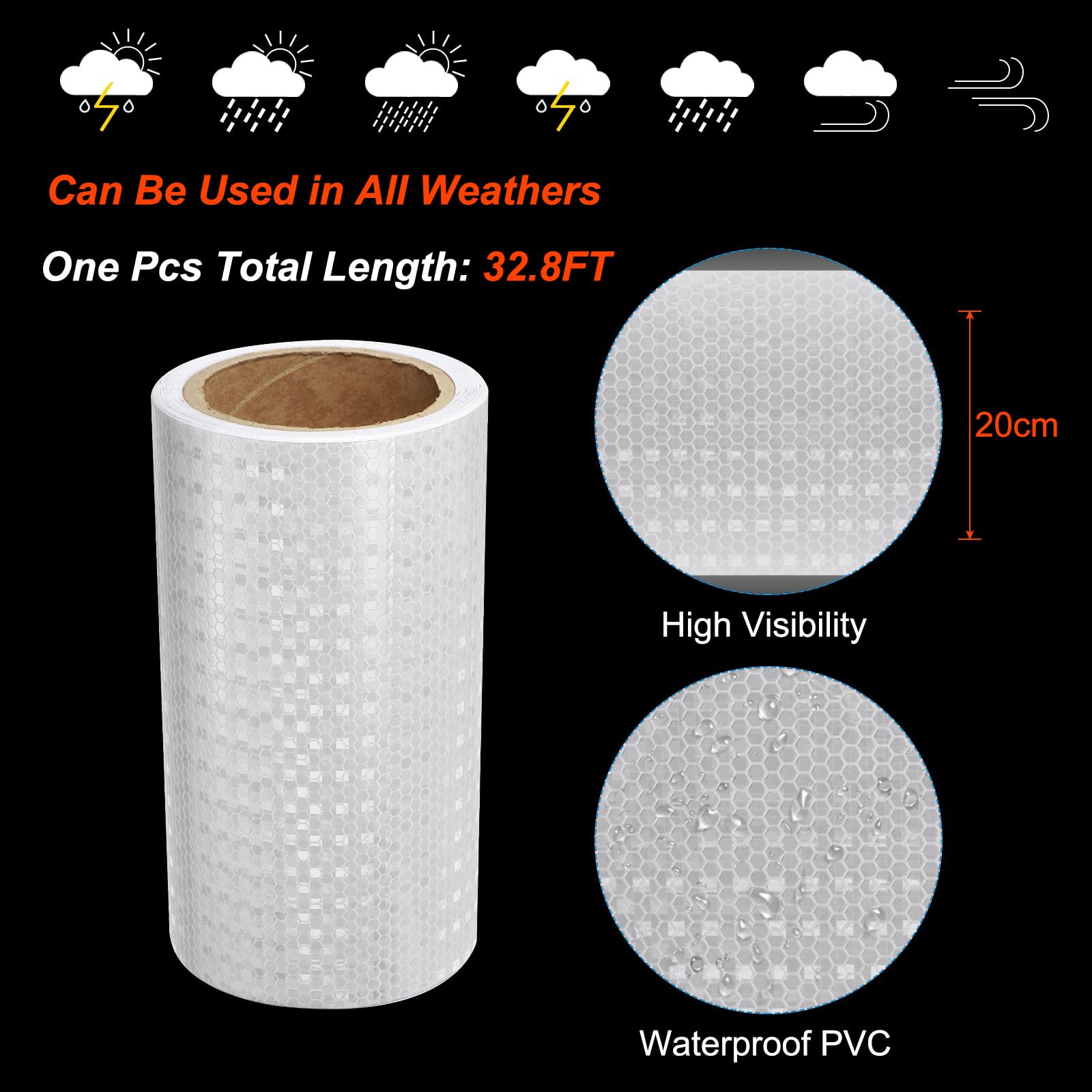 PATIKIL Cinta Reflectante Adhesiva, 20cm x 10m PVC Cinta de Advertencia de Seguridad de Alta Visibilidad Impermeable para Nocturna Camiones Coches Ropa, Blanco