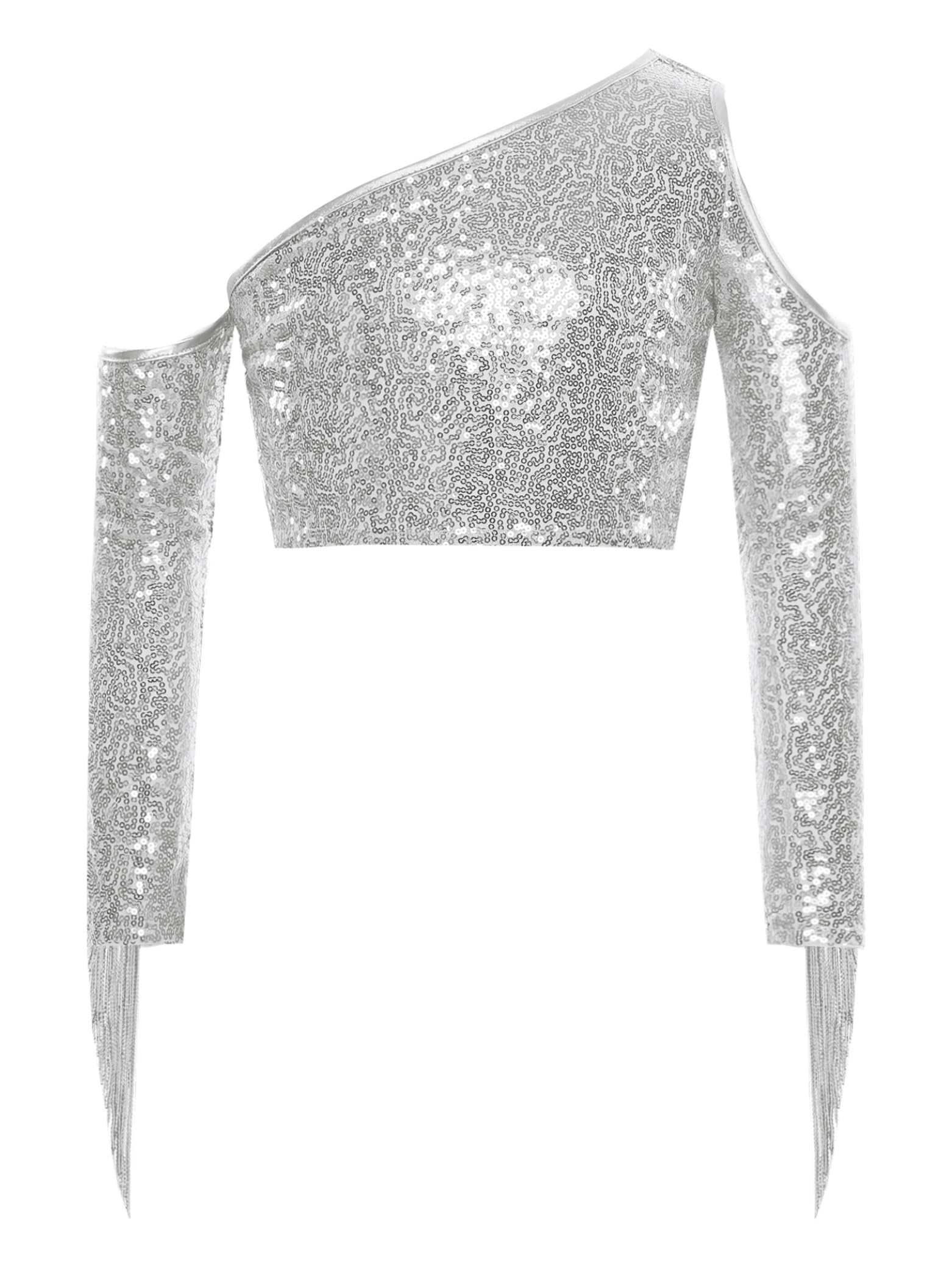 Jugaoge Mädchen Glanz T-Shirt Aushoel Langarmshirts mit Pailletten Crop Top Kurz Bauchfrei Oberteil mit Handschuhe zum Tanz Modern Jazz Outfits