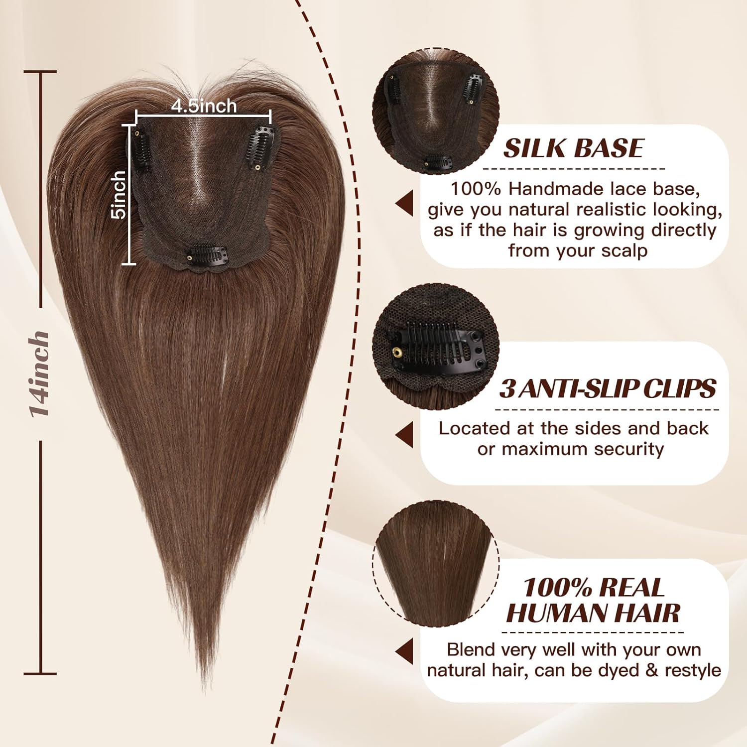 HAIRCUBE Hair Toppers for Women Top Hairpieces 100% Real Human Hair with bangs Human Hair Toppers with 3 Clips Swiss Lace Base Hand-Tied Hair lossing/Thinning, Gray hair 14inch Dark Brown