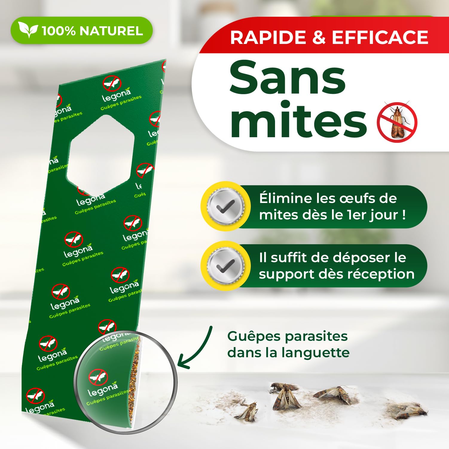Legona Trichogrammes Anti Mites Alimentaires - 4 Cartes à 1 Livraison - Anti-Mites Naturel - Puissant Produit Contre Les Mites