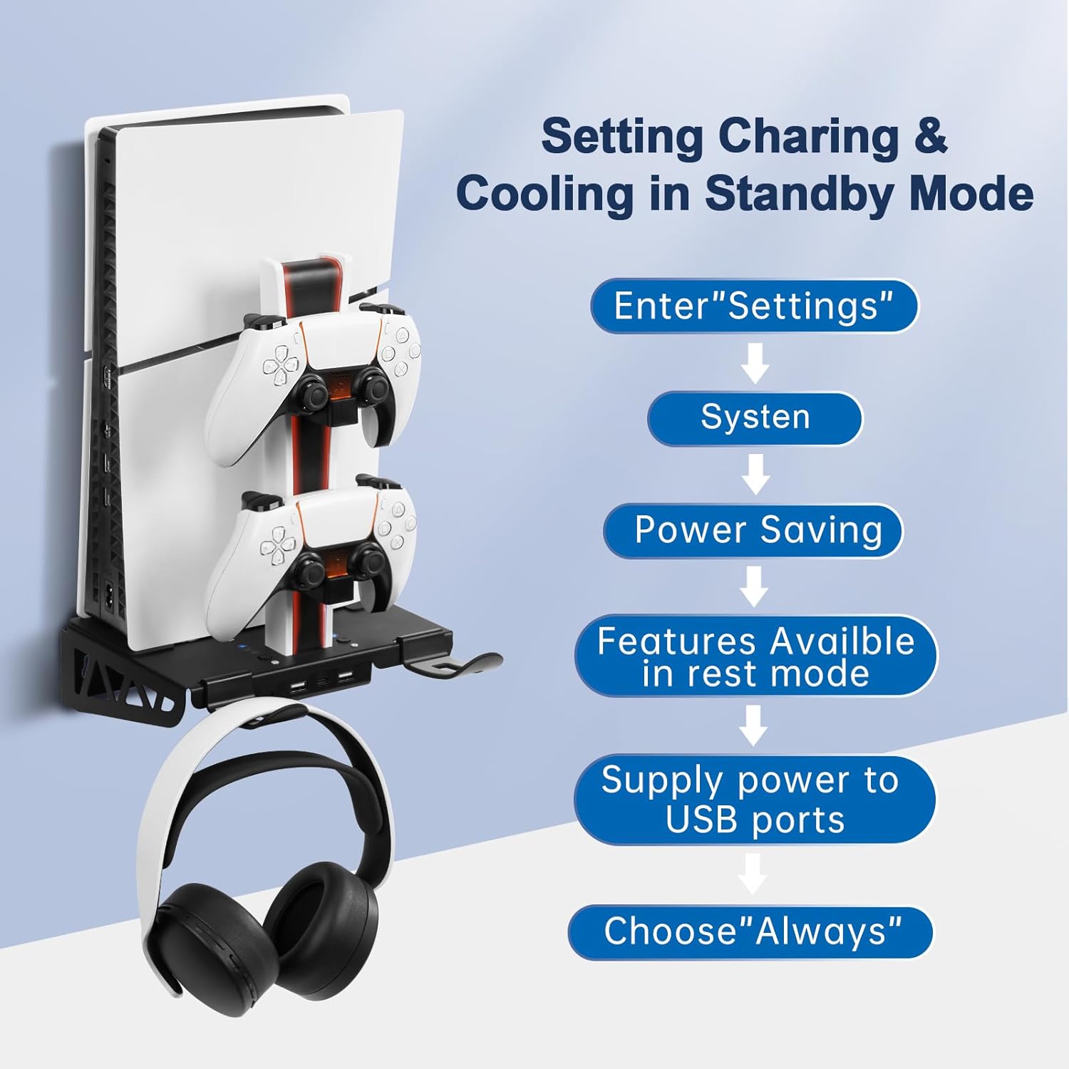 WishJazz PS5/Slim/Pro Wall Mount Kit with Cooling Fan & Charging Station, PS5 Shelf Wall Mount Accessories, Steel Wall Stand with Dual Controller Charger, Headset Hanger for All PS5 Versions - Image 8