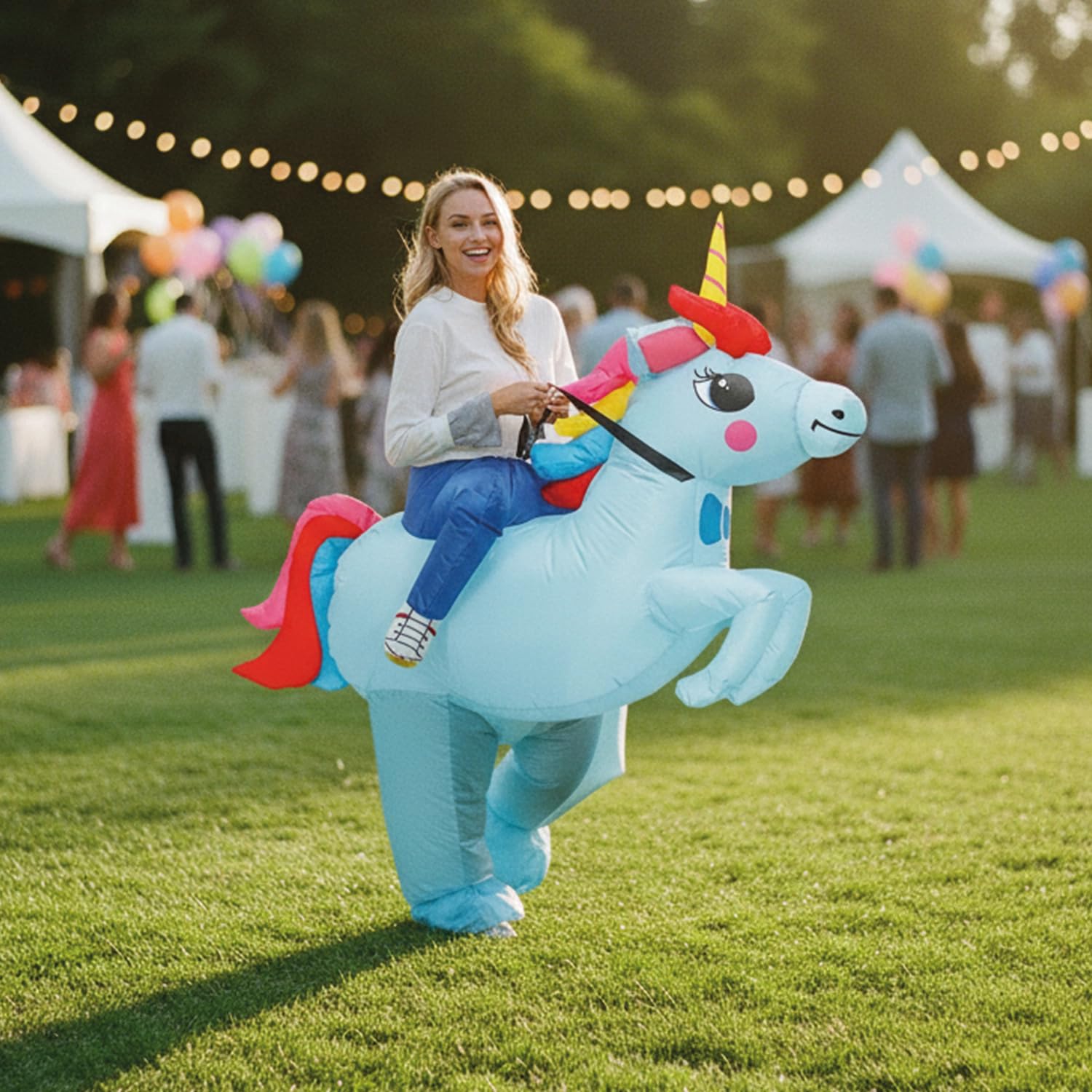 AirSuit® Aufblasbare Verkleidung Blaues Einhorn | Ungewöhnliches Kostüm in Erwachsene | Größe 160 bis 190cm | Premium Qualität | Aus sehr strapazierfähigem Polyester | Aufblassystem | OriginalCup®