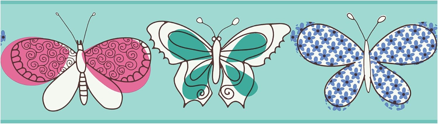 RoomMates York Wallcoverings PW4009B Girl Power 2 Butterfly Border, Teal/Pink