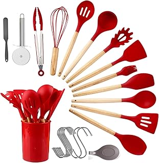 Amrta Utensili da Cucina Silicone Resistente al Calore Premium casa Strumenti di Cottura Set Frusta Spatola Cucchiaio da Minestra Spatola (aggiornamento Rosso)