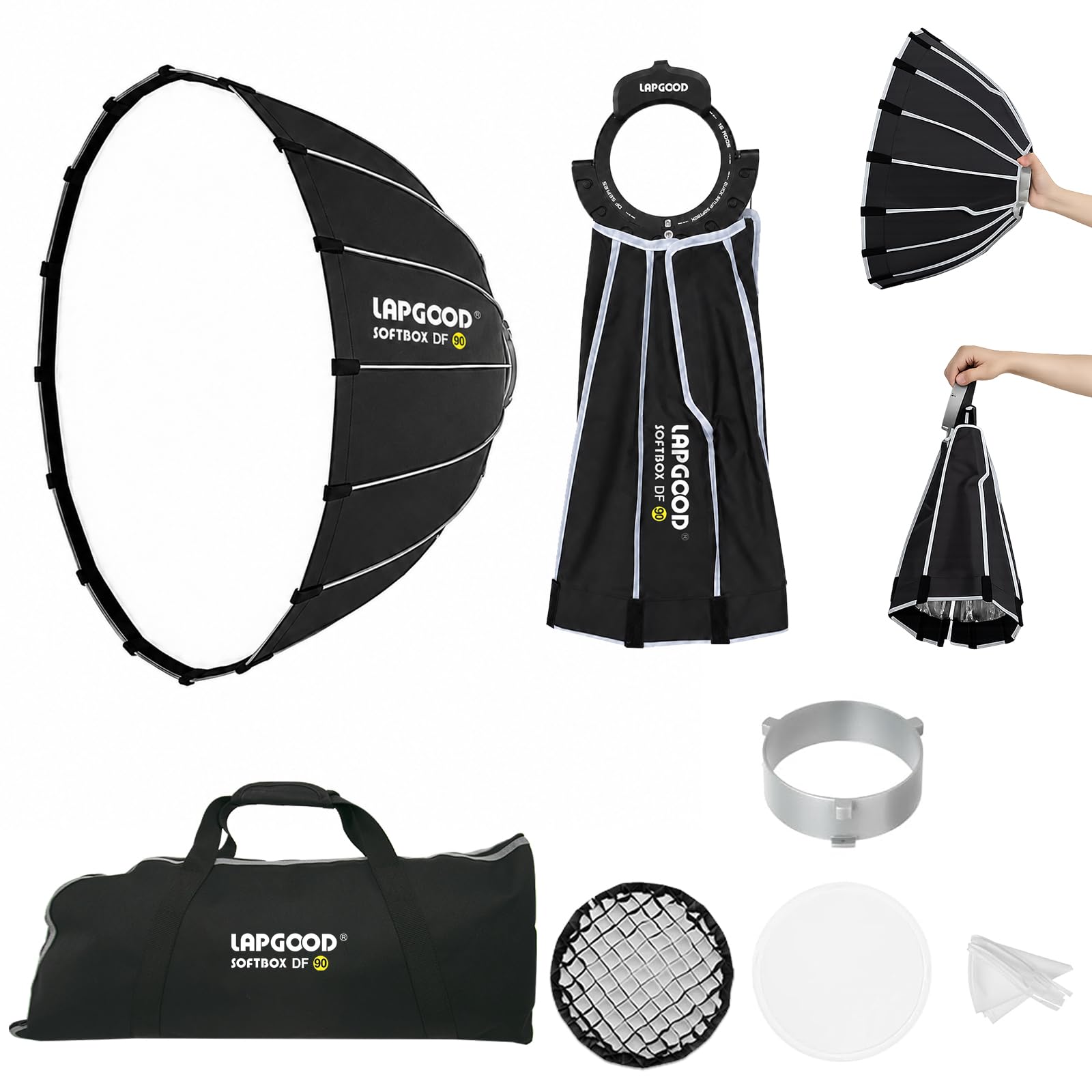 Softbox Bowens Mount, DF90 - Softbox redondo (90 cm, cierre rápido, apertura profunda, rejilla de abeja, bolsa de transporte, para flash de estudio, luz de vídeo, fotografía y vídeo)