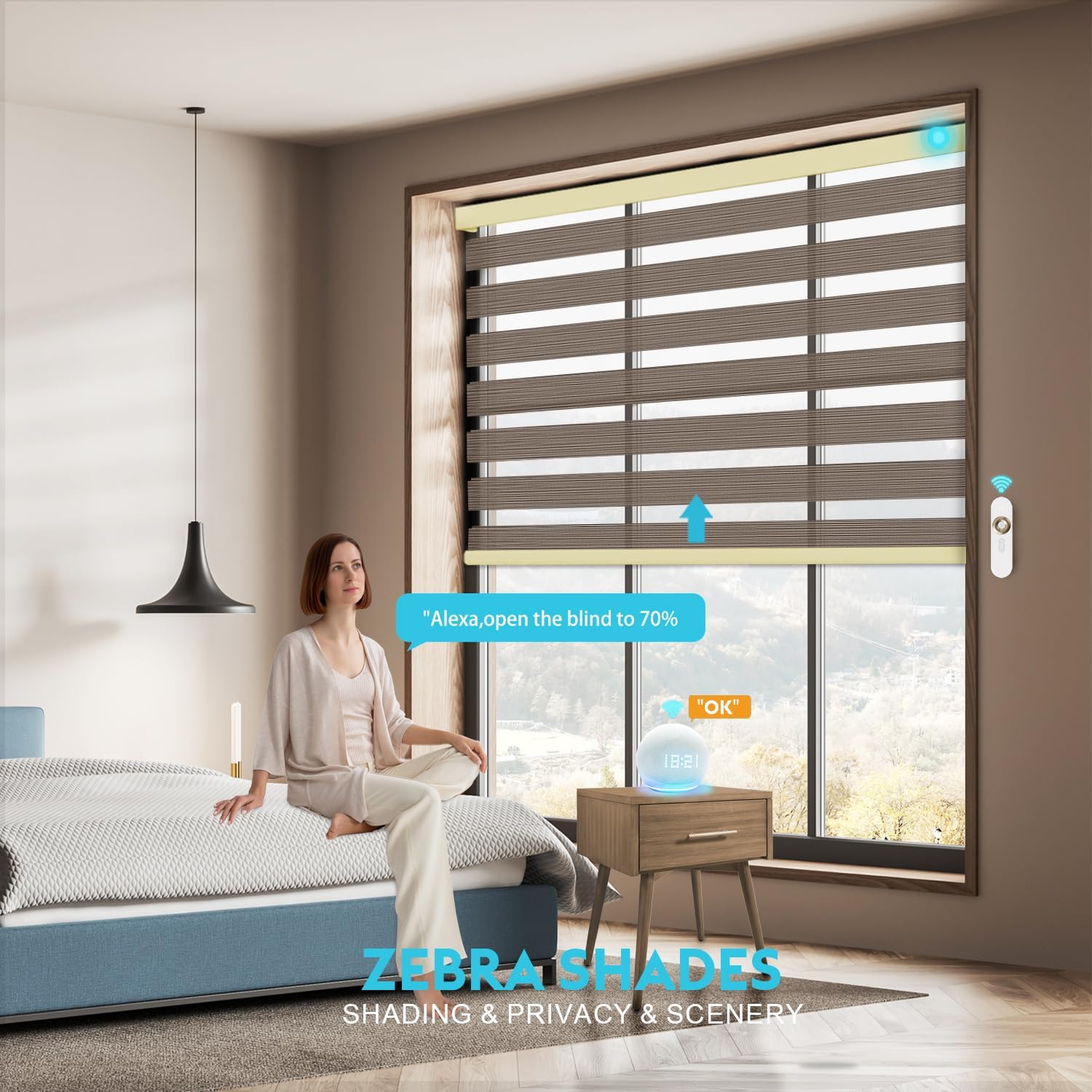 Motorized Zebra Blinds with Remote Smart Blind Work with Homekit Alexa SmartThings Electric Day and Night Shade Cordless Automatic Solar Powered Window Shade Customize(Wooden Texture Coffee)