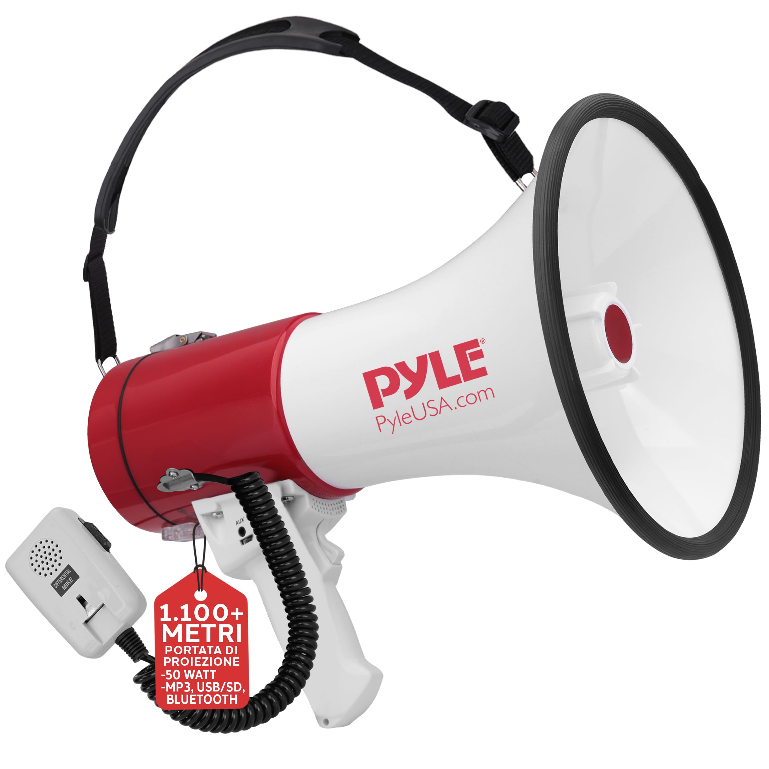 Pyle Megafono Portatile 50 Watt con Sirena, Volume Regolabile e Raggio 1100 Metri, Megafono per Eventi, Sport e Annunci Pubblici