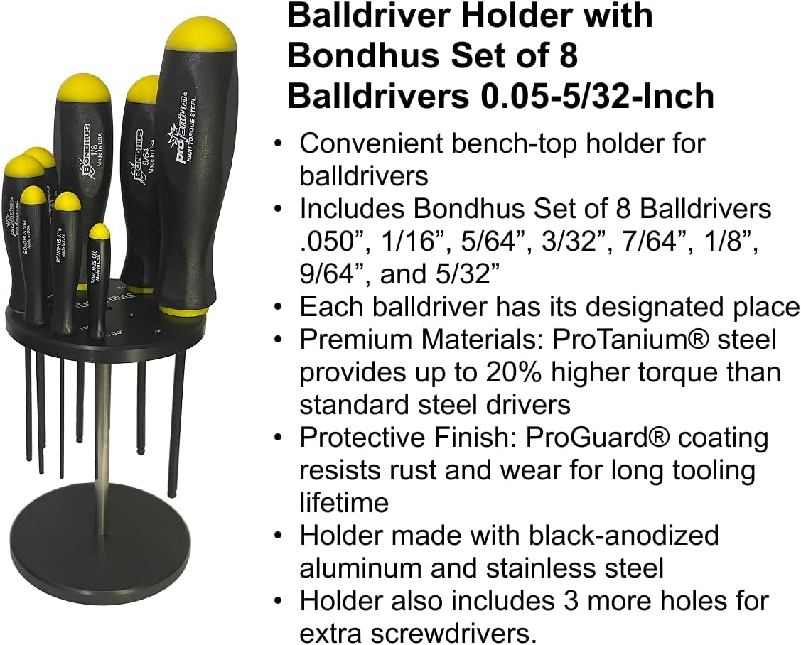 Balldriver Holder, Organizer by Artemida Tools with Bondhus 10632 8-Piece Hex Screwdriver Set (.050-5/32"), ProGuard Finish, Made in USA