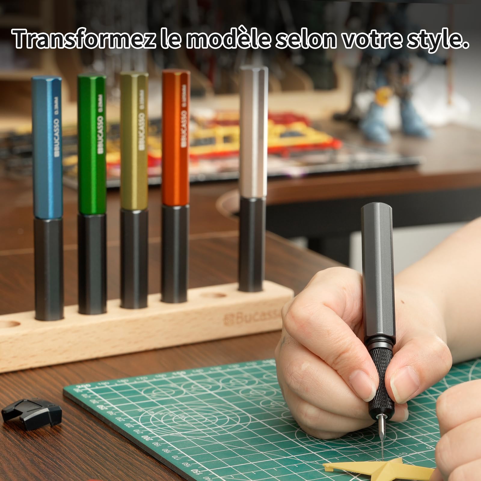 model Scriber, 7-Piece Tungsten Steel Blade Scribing Tool Set 0.075/0.1/0.125/0.15/0.2/0.3/0.5mm, with Wooden Stand for Modeling Hobby