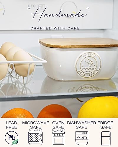 Miniatura 4 de Getstar Mantequera de cerámica con tapa de acacia para encimera, sellado de silicona, decoración de encimera de cocina de granja, recipiente grande