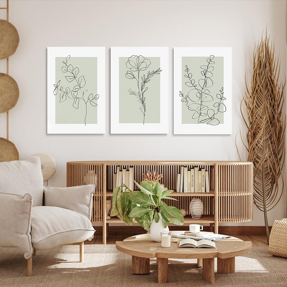 GUBIYU Boho Sage Green Neutral Botanical Wall Art Set of 3,Farmhouse Plant Wall Decor Leaf Flower Line Canvas Wall Art,Minimalist Green Boho Theme Art Botanical Floral Print Paintings Framed 12"x16"