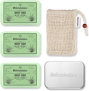 Störtebekker® Premium Duschset Body | 3x Festes Duschgel (Aloe Vera) inkl. Sisal Soap Bag & Soap Box XL für Herren & Damen | vegan & handgefertigt in Holland
