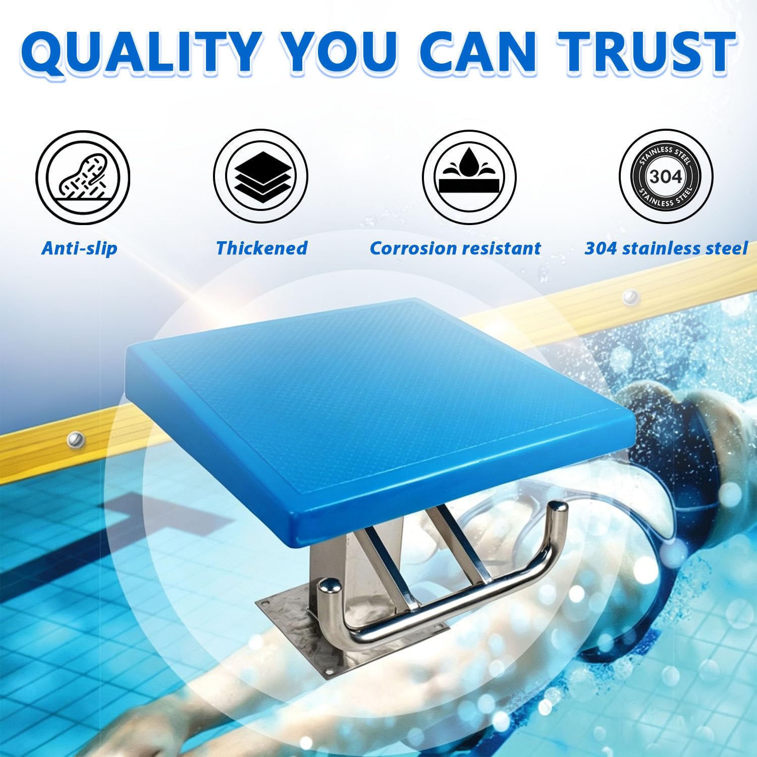 Blocco di partenza per immersioni in piscina, piattaforma inclinata da 50,8 x 50,8 cm, struttura di sicurezza in acciaio inossidabile 304 per piscina domestica, club di nuoto e competizioni