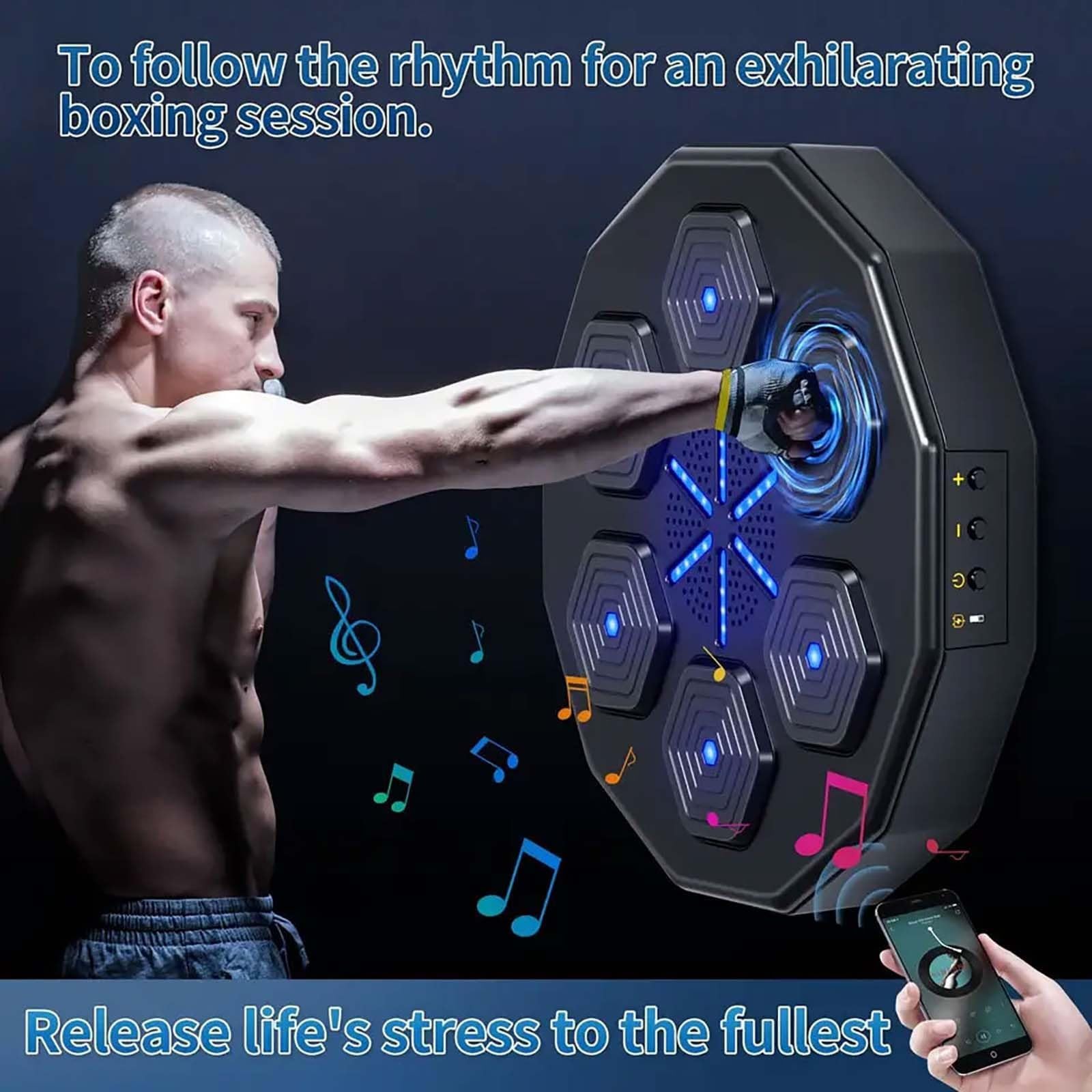 Macchina da boxe musicale, Macchina da boxe montata a parete con luce LED/Bluetooth, Attrezzatura per allenamento di boxe musicale, per esercizi a casa Migliora l'acutezza, con guanti per adulti