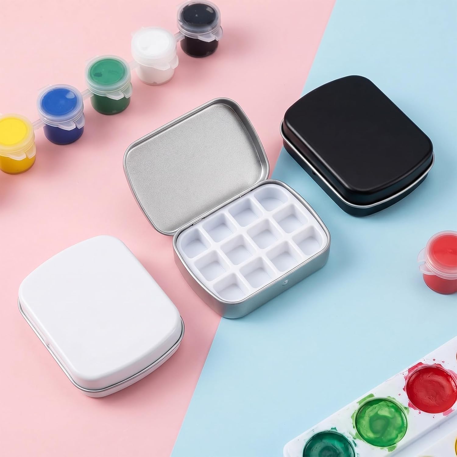 18 Pcs Mini Watercolor Tin Box, 12-Well Empty Metal Paint Palette, Portable Travel Empty Watercolor Palette for Artist Outdoor Sketching, DIY Craft, 3 Colors (6 Silver, 6 Black, 6 White)