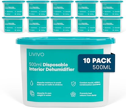مزيلات الرطوبة LIVIVO التي تستخدم لمرة واحدة 500 مل - 10 عبوات مزيلات الرطوبة التي تستخدم لمرة واحدة للمنزل - ممتصات التكثيف للنوافذ، ممتص الرطوبة، مصيدة رطوبة العفن، مزيل الرطوبة الداخلي لخزانة الملابس، الحمام