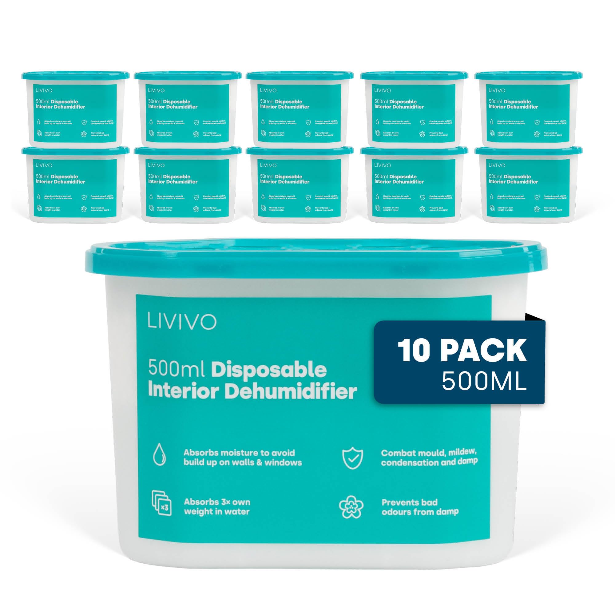 LIVIVO Pack of 10x 500ml Interior Dehumidifiers- Helps Stop Damp, Mildew, Mould Condensation Moisture Absorber Remover in Home Kitchen Wardrobe Bedroom Caravan Office Garage Bathroom, Basement