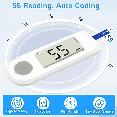 Blood Sugar Monitor,Glucose Monitor Kit with 50 Test Strips & 50 Lancets for Diabetes Testing, Blood Glucose Meter with Auto Eject, No Coding & Large LCD for Seniors