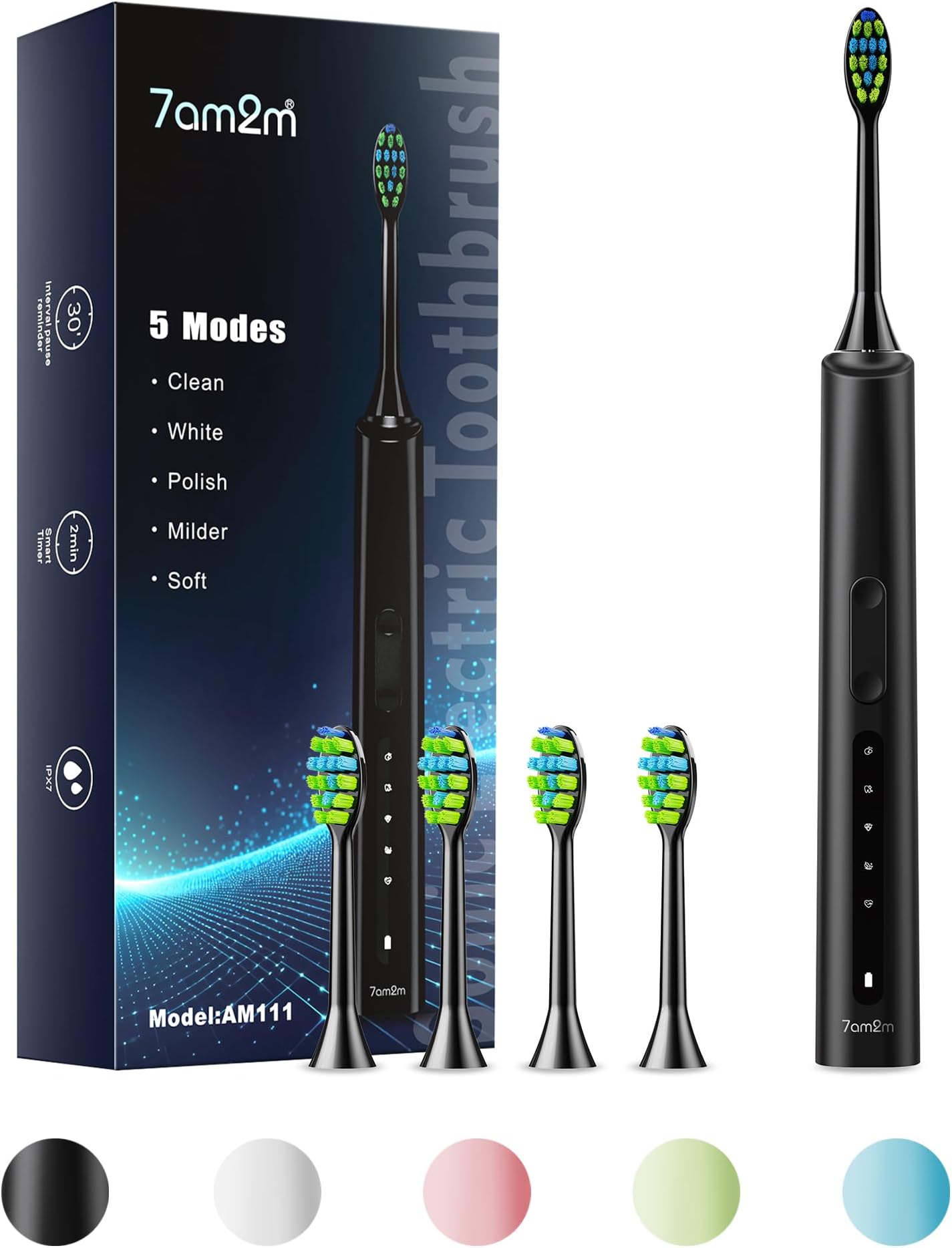 7AM2M Sonic Electric Toothbrush, High Power Rechargeable Toothbrushes, 5 Modes with 2 Minutes Built in Smart Timer, with 4 Brush Heads for Adults and Kids, One Charge for 60 Days (Black)