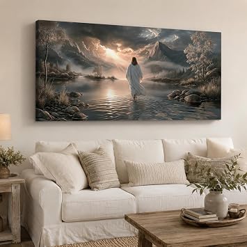 GUTTATY Jesus Christian Religious God Canvas Wall Art, Large Poster Pictures, Inspirational Painting, Tranquil Mountain River Scene, Nursery Living Room Wall Decor Artwork, 32x16 Inch