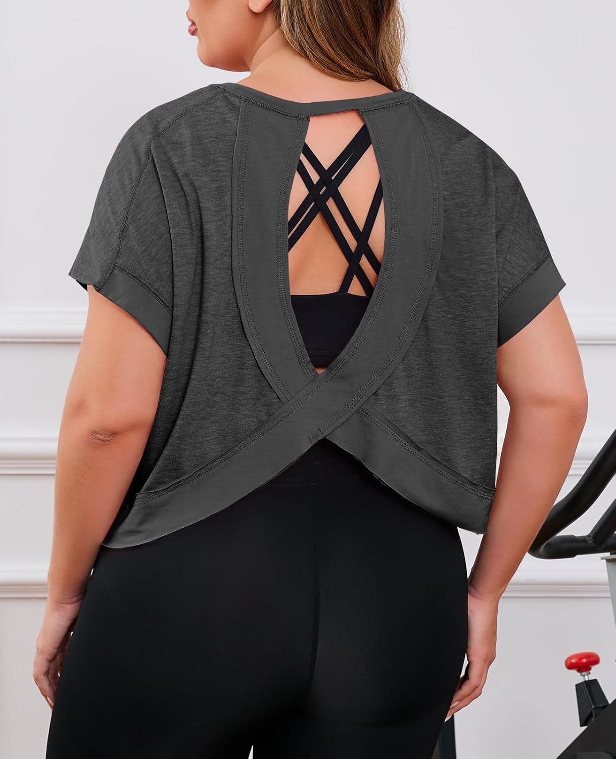 Fisoew Womens Plus Size Open Back Workout Tops Backless Short Sleeve Athletic Shirt Running Crop Top Gym Yoga T-Shirt - Image 5