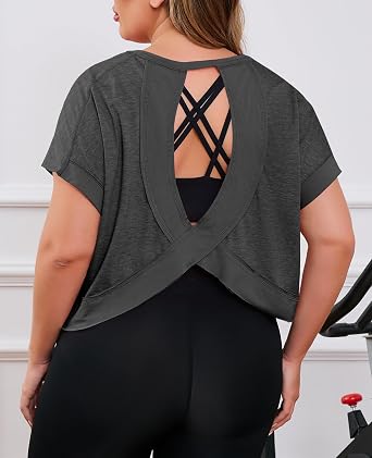 Fisoew Womens Plus Size Open Back Workout Tops Backless Short Sleeve Athletic Shirt Running Crop Top Gym Yoga T-Shirt
