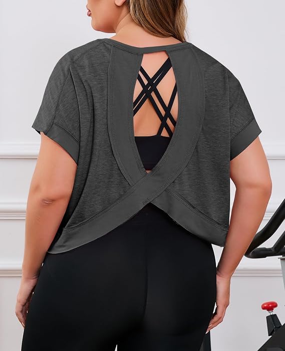 Fisoew Womens Plus Size Open Back Workout Tops Backless Short Sleeve Athletic Shirt Running Crop Top Gym Yoga T-Shirt