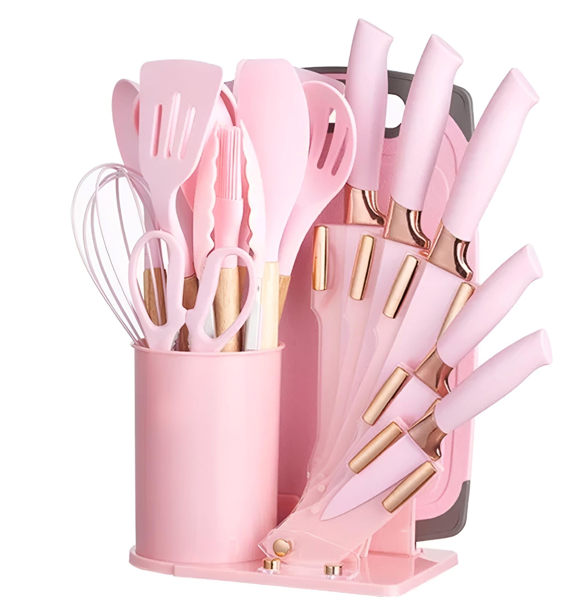 DANFFI - Kitchen Utensils Set - Silicone Cooking Utensils, Non-Toxic Spatula Set, Kitchen Tools, Cutting Board, Pink cooking utensils set (Pink, 19 Pieces HQ)