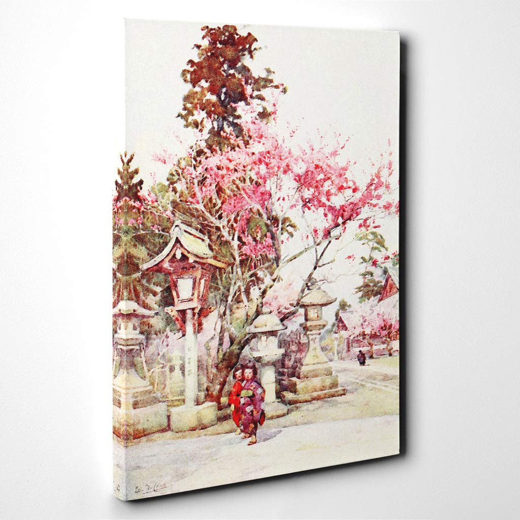 Ella Du Cane Japanese Oriental Plum Blossoms and Lanterns Canvas Print | Gallery Wrapped 30mm Frame Wall Art | 30x20 inches | Ready to Hang | Asian Picture | Living Room Bedroom Lounge Office
