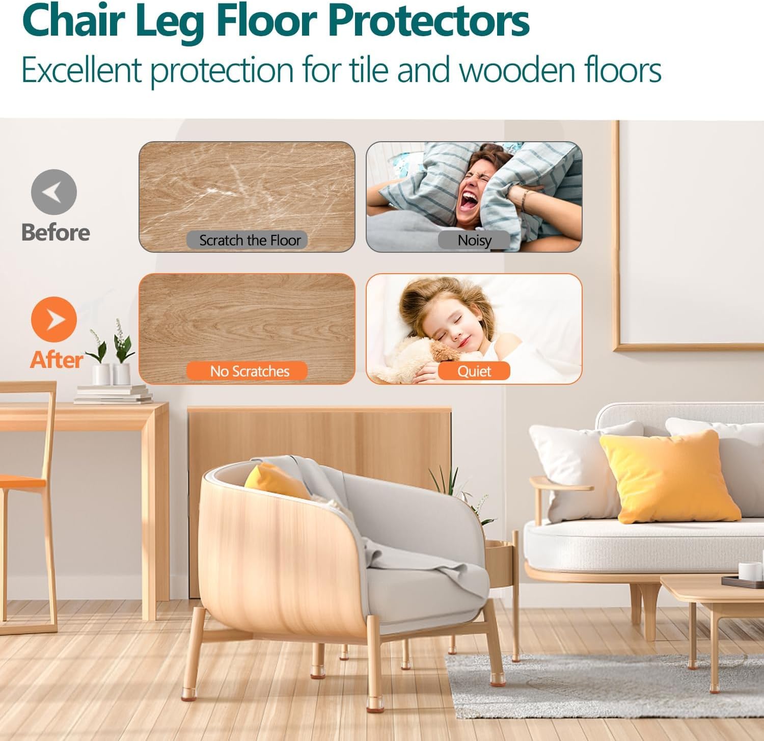 Upgrade 28pcs Silicone Chair Leg Floor Protectors for Hardwood Floors Felt Furniture Pads Square Chair Leg Cups Covers, No Scratches and Reduce Noise, Clear, Large (Fit:1.2″-1.6″)
