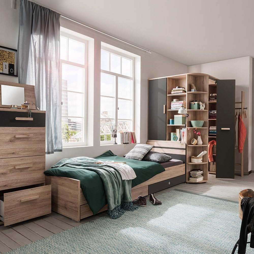 Lomadox Kinderzimmer Eckkleiderschrank begehbar Jugendzimmer Kleiderschrank,gespiegelt aufbaubar in Eiche mit Graphit