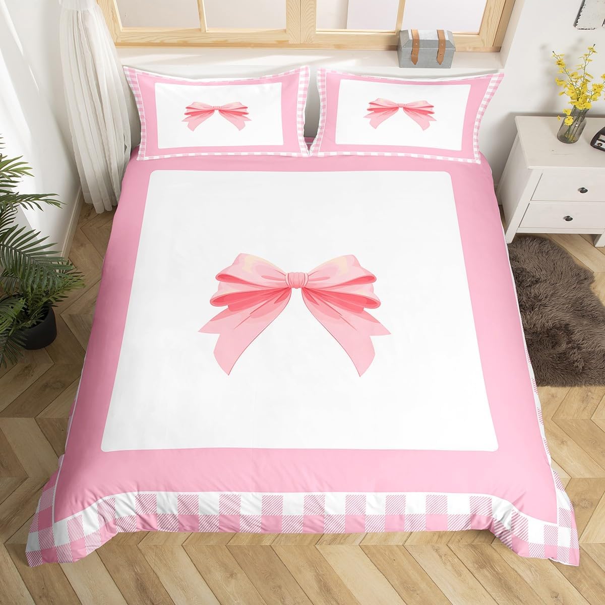Castle Fairy Bowknot Pattern Duvet Cover Set Toddler Size,Pink White Bedding Set for Kids Boys Girls Room Decor,Cute Kawaii Style Comforter Cover,Princess Quilt Cover with 1 Pillowcase(No Comforter)