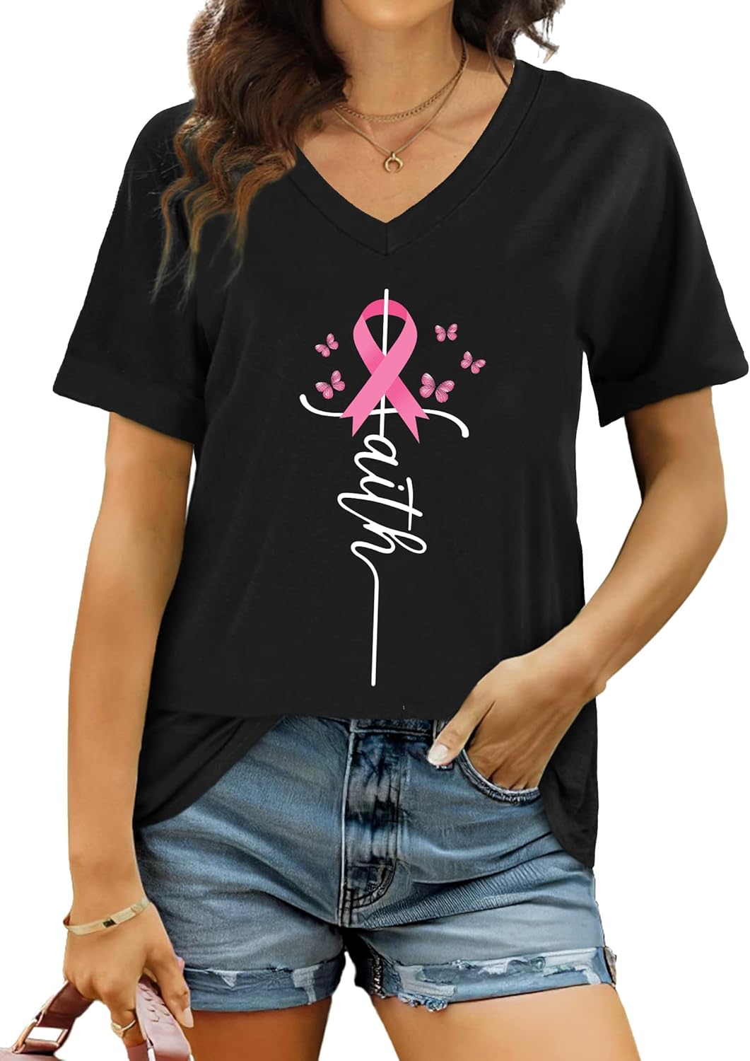 PECHAR Breast Cancer Shirts for Women: Pink Ribbon Breast Cancer Awareness T-Shirts Faith Inspirational Vneck Blouse Tops - Image 2