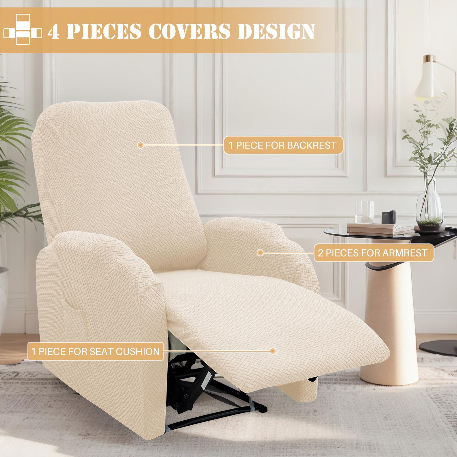 Twill Recliner Chair Covers, Stretch Polyester Spandex Recliner Cover 4 Pieces - Image 3