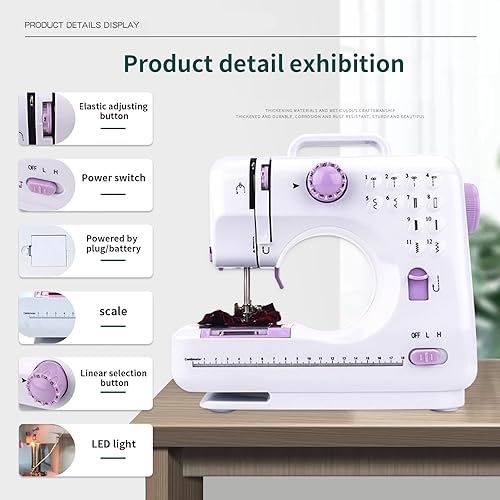 Miniatura 3 de Máquina de coser para principiantes, mini portátil eléctrica, 12 patrones de puntada integrados, pequeña máquina de coser con doble velocidad,