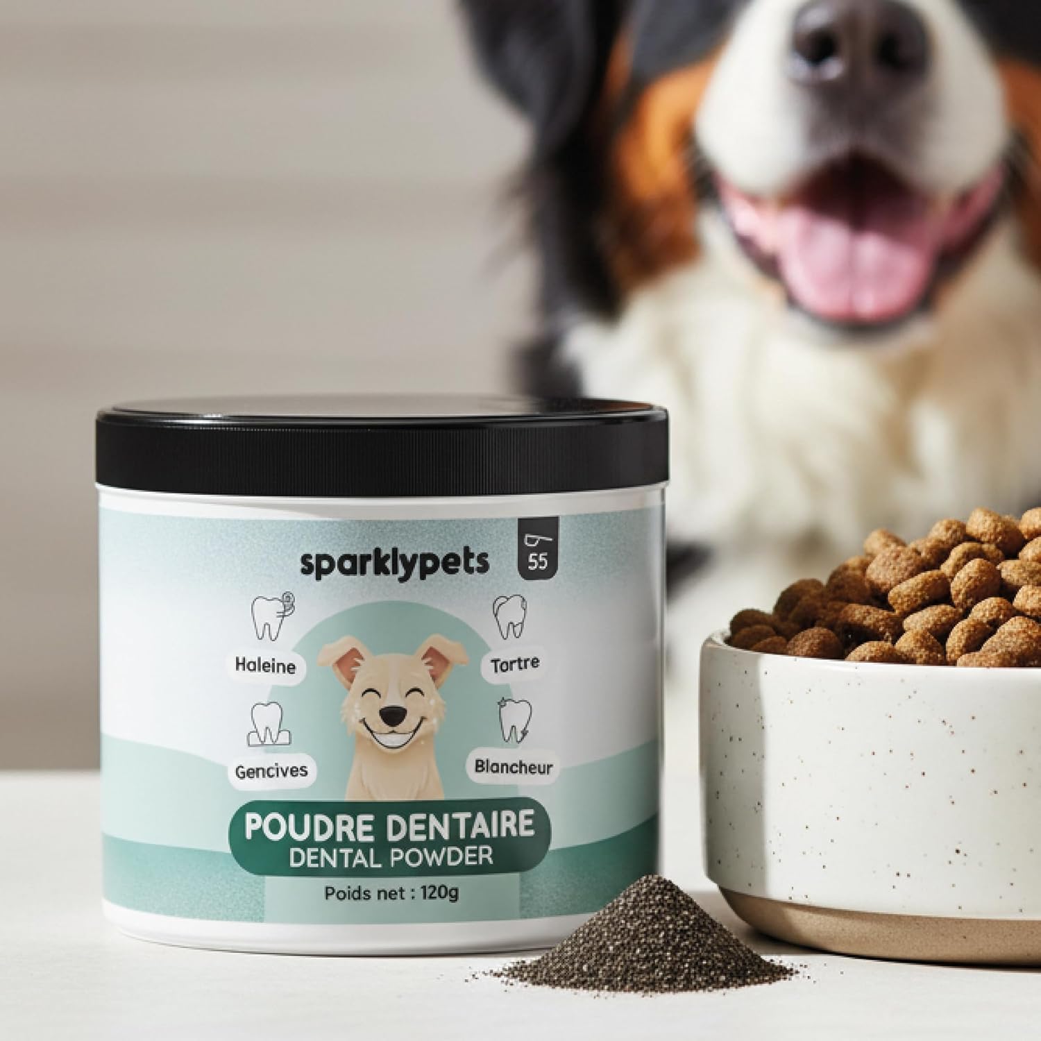 SparklyPets - Poudre Dentaire pour Chien - Nettoyant Anti-Tartre et Plaque, Blancheur Dentaire, Mauvaise Haleine, Gencives - Eucalyptus, Prébiotiques - Marque Française - 120g (55 Cuillères)