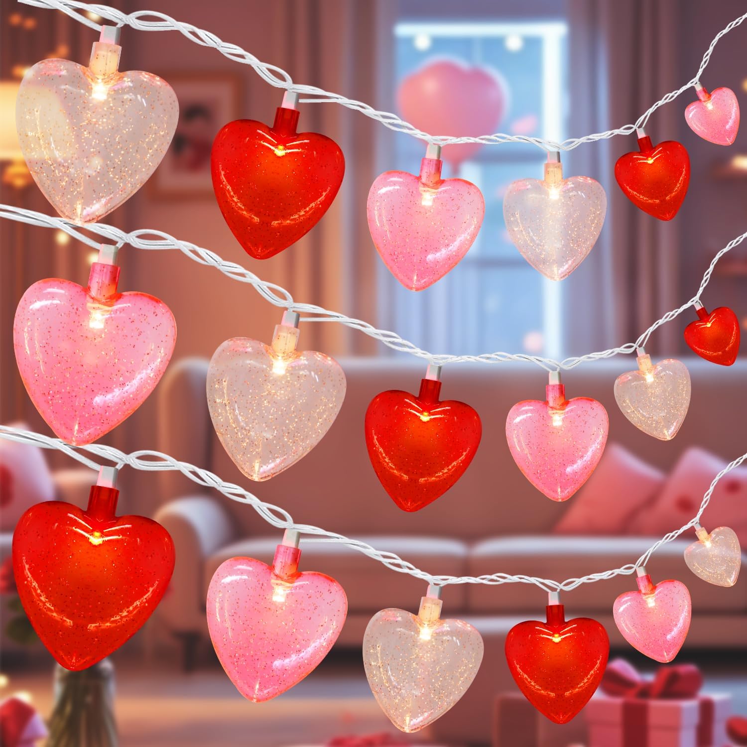20 LED Valentine's Day Decorations Heart Lights, 12Ft Heart String Lights Outdoor Waterproof with 20 LED Red Pink White Hearts Shaped with Glitter for Room Door Windows Fence Valentines Day Decor