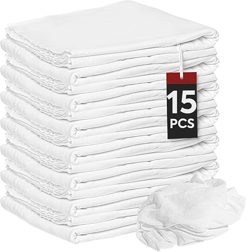 Nabob Wipers New Lint Free Cloth (15 Pack) - 100% Cotton Cleaning Rags Exact Cut - Premium White Rags for Cleaning House - White Rags for Dusting, Staining, Polishing, Painting 18"x18"