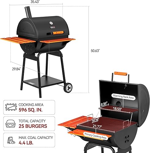 Miniatura 3 de Royal Gourmet CC2024 - Parrilla de barril de carbón de 24 pulgadas con estante de calentamiento, parrilla de barbacoa al aire libre con estantes