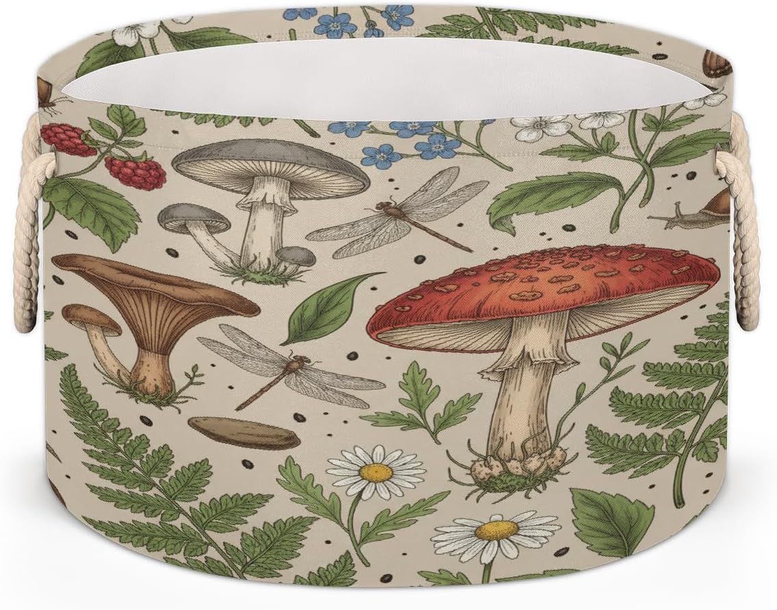 Large Storage Baskets - Retro Mushroom Nursery Round Collapsible Organizer Bin Box - Laundry Hamper for Kids Toys, Blanket, Bedroom Living Room Home Decor, Gift Basket, 19.4"x13.3"