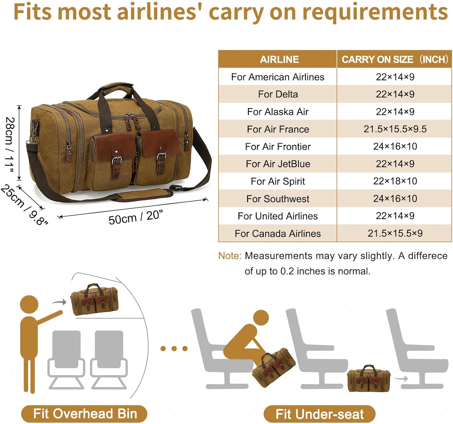 Canvas Duffle Bag with Genuine Leather Accents, Expandable 20-23 Inch Travel Weekender, Multiple Pockets, Coffee - Image 6