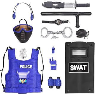 Ultimate All-in-One Kids Police Role Play Toy Kit - 15-Piece Policeman Pretend Play Set - SWAT Costume Accessories for Dress Up and Kids Costumes - Badge, Shield, Vest, Handcuffs Included
