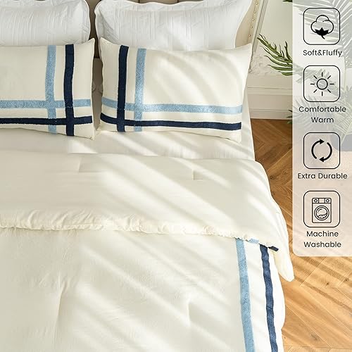 Miniatura 6 de Juego de edredón tamaño Queen, juego de edredón de rayas de granja de 3 piezas, juego de ropa de cama suave lavable con 2 fundas de almohada, juego