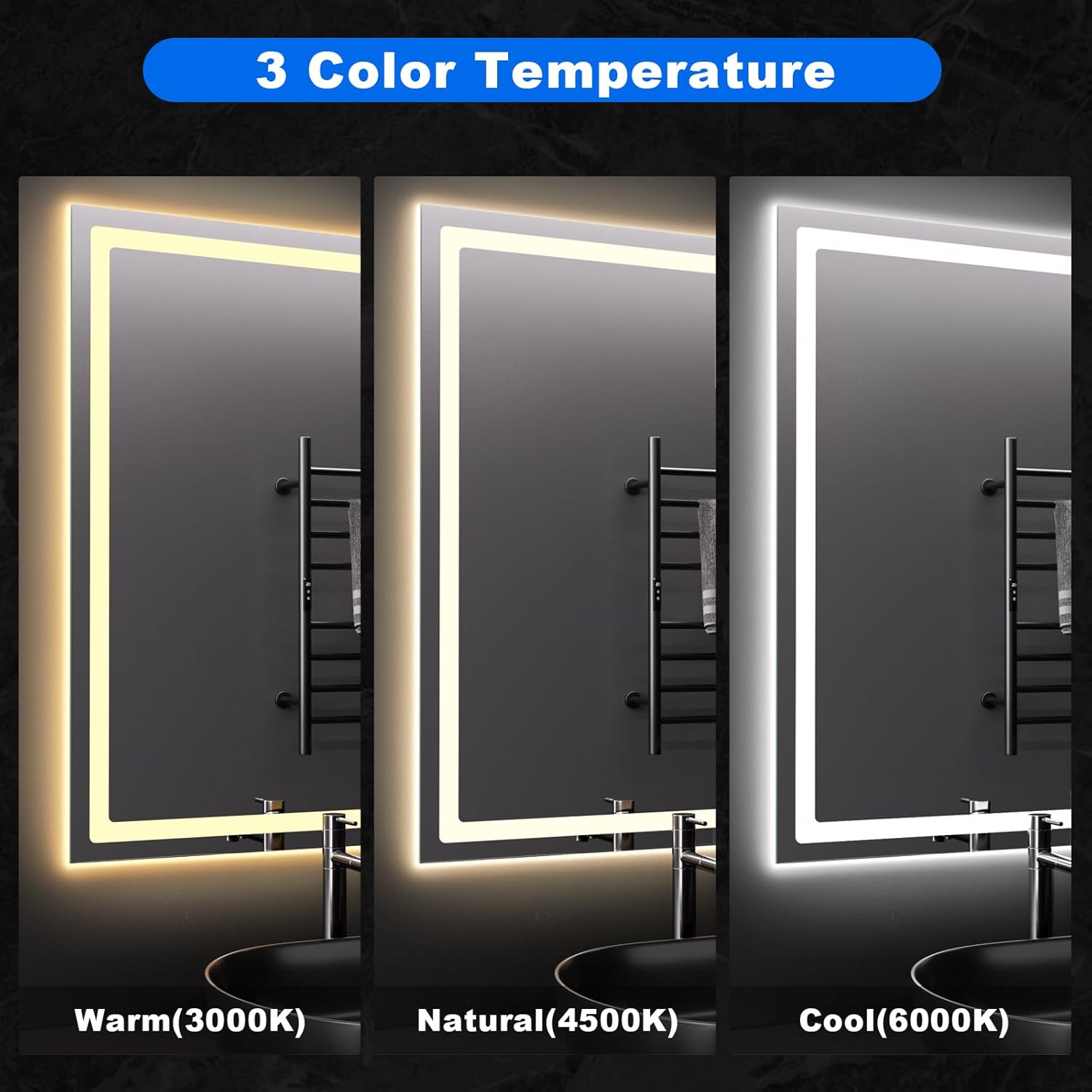 QAOYEDE Bathroom Mirror with Lights 45x25 Inch, LED Mirrors for Bathroom Wall, Front and Backlight, Anti-Fog Dimmable, 3 Color, Shatter-Proof, Horizontal/Vertical, Tempered Glass, UL Recognized