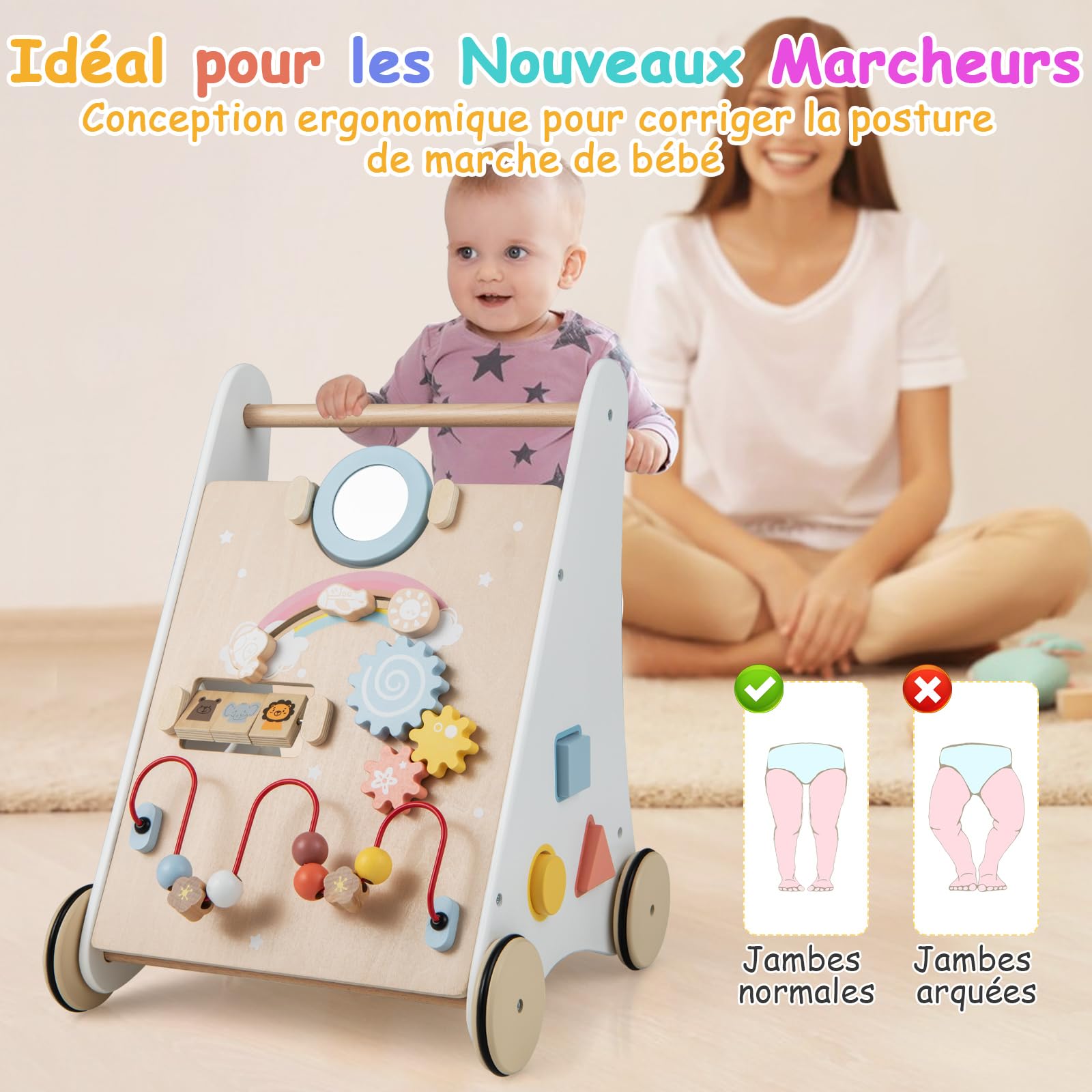 COSTWAY Chariot de Marche Bébé en Bois avec 7 Activités Interactives | Boîte de Rangement Arrière, 4 Roues avec Caoutchouc, 3 Blocs, Jouet Sensoriel, Trotteur Montessori Bébé 12+ Mois